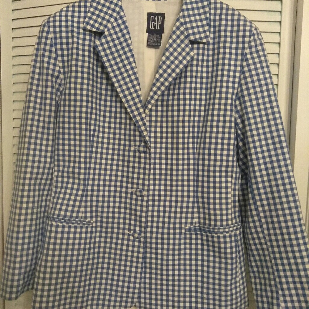 Gap Womens White and Blue Plaid Blazer Size 12